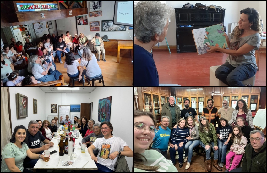 De izda. a derecha y de arriba abajo: juegos en Euskaltzaleak de Buenos Aires por el día del/la estudiante; en Córdoba, trabajando la literatura vasca; en Rosario, juegos practicando los números y cena; en Mar del Plata, clase abierta de euskera