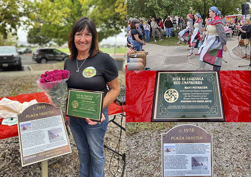 Mayi (Berterretche) Petracek con placa del Bizi Emakorra en la mano, junto a imágenes del Agurra que le bailaron como tributo y detalles de su placa y de la placa inaugurada en la 'Plaza Urrutia' y que identifica el lugar