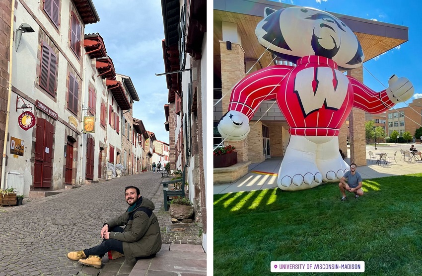 En la foto de la izquierda, Martiniano en Donibane Garazi; a la derecha, en la Universidad de Wisconsin