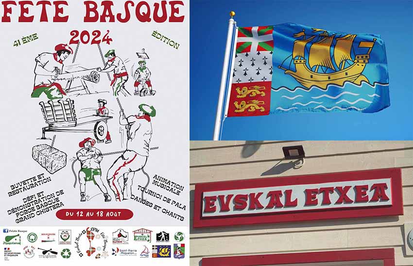 Saint Pierre eta Mikeluneko 2024ko Euskal Bestako afixa, eskuinean artxipelagoko bandera eta Euskal Etxearen seinalea dituela