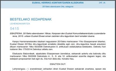 Resolución adjudicando las ayudas a Euskal Etxeak y federaciones de 2015