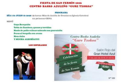 Invitación a participar en la Cena de San Fermín 2016, del Gure Txokoa de Azul