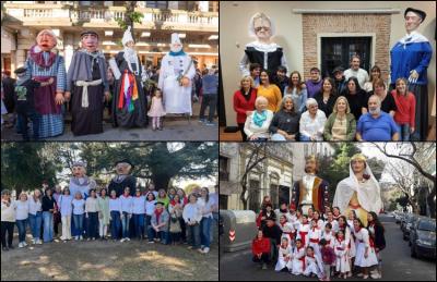 Los gigantes de Necochea, a la puerta del Teatro Paris en la SNV 2023; Cuza y Potxolo, con la Comisión Directiva de EDB de Arrecifes; en Tandil, Patxi y Maritxu frente a Gure Etxea, y la pareja real del Centro Navarro de Buenos Aires en San Fermín