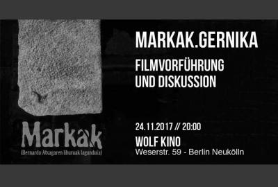 Cartel de la proyeccion de esta noche en Berlín de 'Markak', con su director Hannot Mintegia y el testimonio de Amaia Badiola y Usua Uribe, de la asociación Lobak