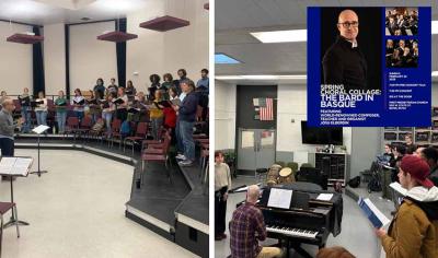 Josu Elberdin, en plena actividad con los músicos de la Universidad BSU de Boise; y cartel del concierto que ofrecerá el 23 de febrero