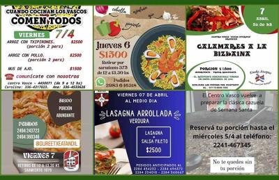 Algunas de las propuestas gastronómicas de las Euskal Etxeas para la Semana Santa. De izquierda a derecha, Euzkal Etxea, Hiru Erreka, Eusko Aterpea; abajo, Gure Etxea, Gure Etxe Maitea y Zingirako Euskaldunak