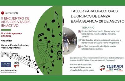 FEVA convoca el 19 y 20 de agosto en Cosquín a los y las músicas y el sábado 26, en Bahía Blanca, a directores de grupos de bailes vascos