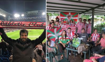 Iker Ruiz, en el estadio y junto a la Peña del Athletic en Caracacas