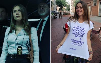 Itziar Ituño, a la izquierda, en su papel de la Inspectora Raquel Murillo en la serie 'La casa de papel'; a la derecha, vistiendo la camiseta con la que Euskaltzaleak de Buenos Aires adhirió al movimiento 'Ni una menos'