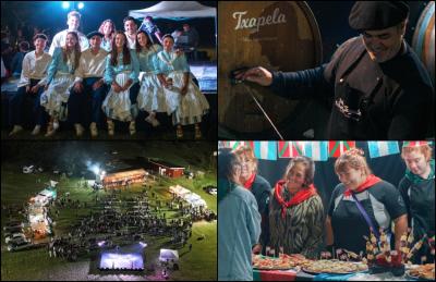 El grupo de danzas Denak Bat de La Plata, la Sidra Txapela, la gastronomía de Ama Lur de Chivilcoy, entre otros, estuvieron presentes en el Día de la Cultura Vasca. Abajo, a la izquierda, imagen de la celebración tomada del aire 