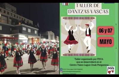 Taller de Danzas Vascas en Pergamino para dantzaris de a pie de las Euskal Etxeas. A la izquierda, dantzaris en la última Semana Nacional Vasca en Macachin