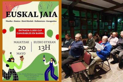 Cartel de la Euskal Jaia' de Euzko Etxea de Santiago de Chile, el 20 de mayo, y foto de la Asamblea Anual, el 26 de abril