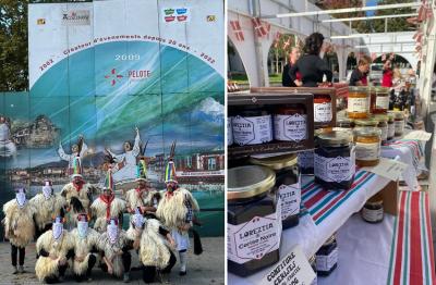 Los joaldunak en la Fiesta Vasca del 70 aniversario del Denak Bat de Toulouse (izda) y muestra de productos artesanos vascos (derecha)