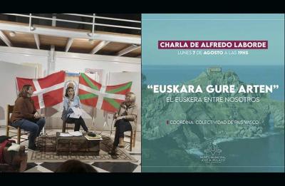 A la izquierda, imagen del conversatorio del 4 de agosto, con la participación de Patricia Puente, de Hiru Erreka y Ana Kisbye, por la comunidad danesa, a la derecha, flyer promocional de la charla que dictará hoy el irakasle Alfredo Laborde