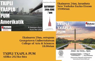 Carteles con los detalles de las proyecciones de 'Txipli, txapla, pum' en Euzko Etxea de Nueva York y de la Universidad de Georgetown en Washington DC