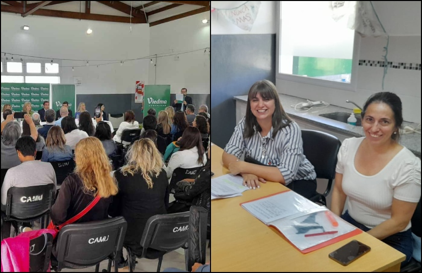 Izda: Inauguración de las Jornadas. Derecha: Analía Zuntini y Rocío Basterra del Vall Iturria, expositoras por el Centro Vasco Aberri Etxea