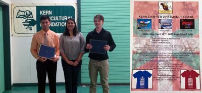 A la izquierda, los estudiantes de CSUB Oscar Alvarez y Patrick Streiff recibiendo la beca; a la derecha, el cartel del 'Basque Crawl' (fotos CWA)