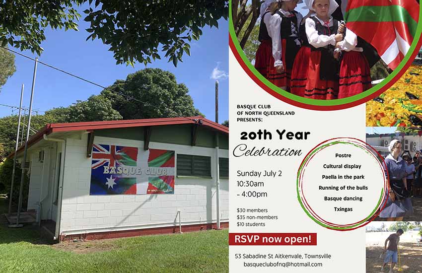 North Queensland Basque Club-aren egoitza Aitkenvale parkean Townsvillen eta Euskal Etxearen 20. urteurreneko kartela