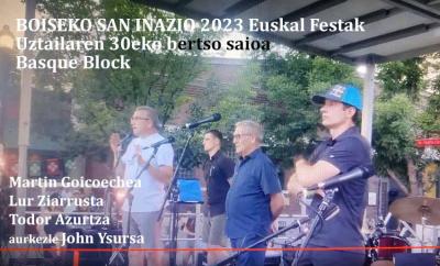 Boiseko San Inazio 2023 euskal festetako bertso saioko argazkian, John Ysursa, Lur Ziarrusta, Martin Goicoechea eta Todor Azurtza