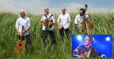 El grupo Korrontzi, con Agus Barandiarán al frente, actuará en la Semana Vasca de Bahía Blanca. También otro trikitilari de primera línea, Xabi Aburruzaga (en el recuadro). Fotos Korrontzi y José Mari Pastor-Deia