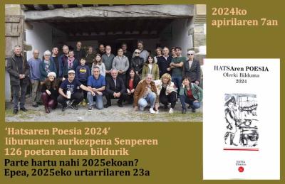 2024ko 'Hatsaren Poesia" liburuaren aurkezpena Senpereko Larraldean, poetetako batzuk bertan, eta liburuaren azala